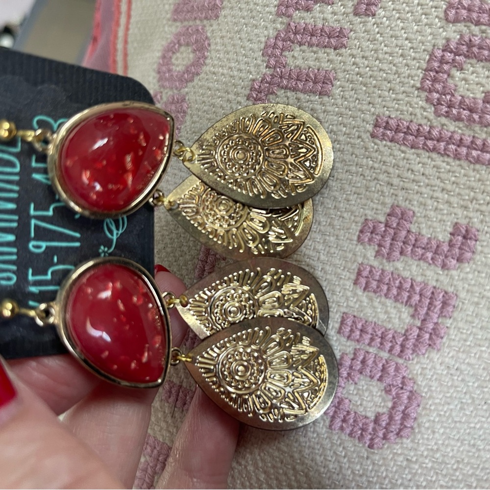 BoHo Gold and Orange Red Dangle Earrings - Picture 3 of 6